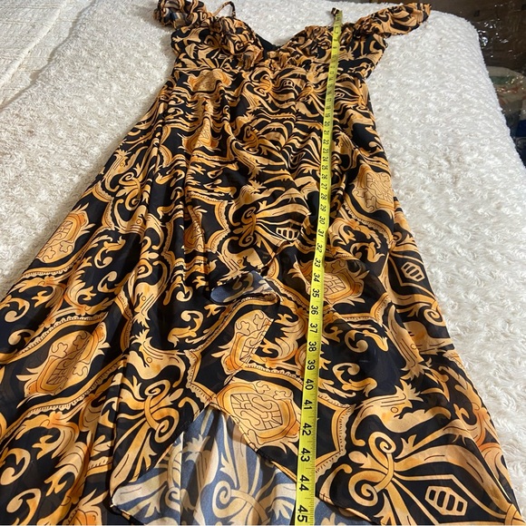 Akira Baroque Gold Black Plunging Neck Ruffled Maxi High Low Dress L Large - Picture 14 of 15